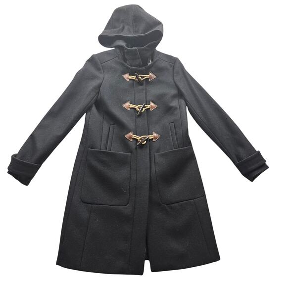 J Crew Coat Size 00 Black Wool Blend Removable Hood Lined Rope & Wood Buttons - Picture 1 of 8